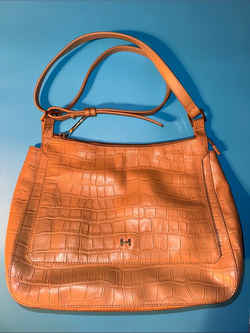 H by Halston Light Brown Genuine Leather Moc Croc Shoulder Bag New